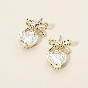 14K Gold Bow Heart Earrings with CZ